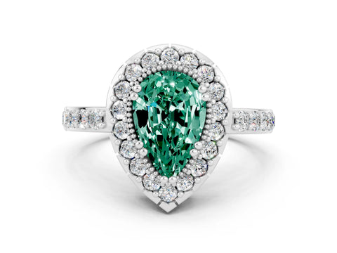 White gold Pear Cut Green Sapphire Halo Ring with Pavé Band and Prong Setting