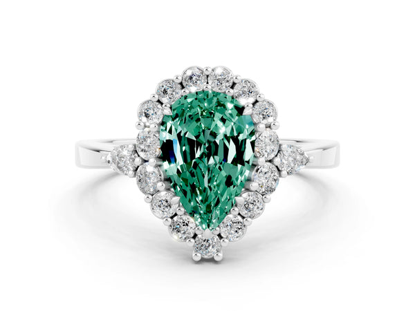 Platinum Pear Cut Green Sapphire Halo Ring with Pear Side Stones and Prong Setting