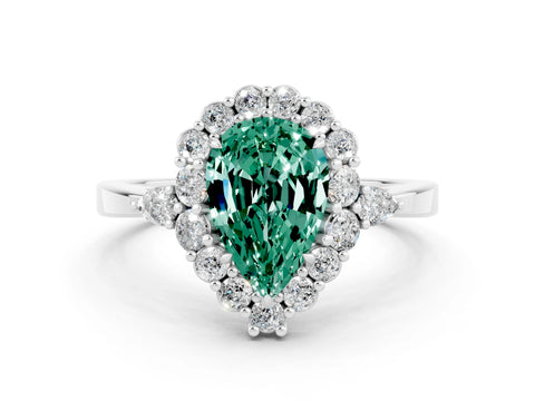 White gold Pear Cut Green Sapphire Halo Ring with Pear Side Stones and Prong Setting_24