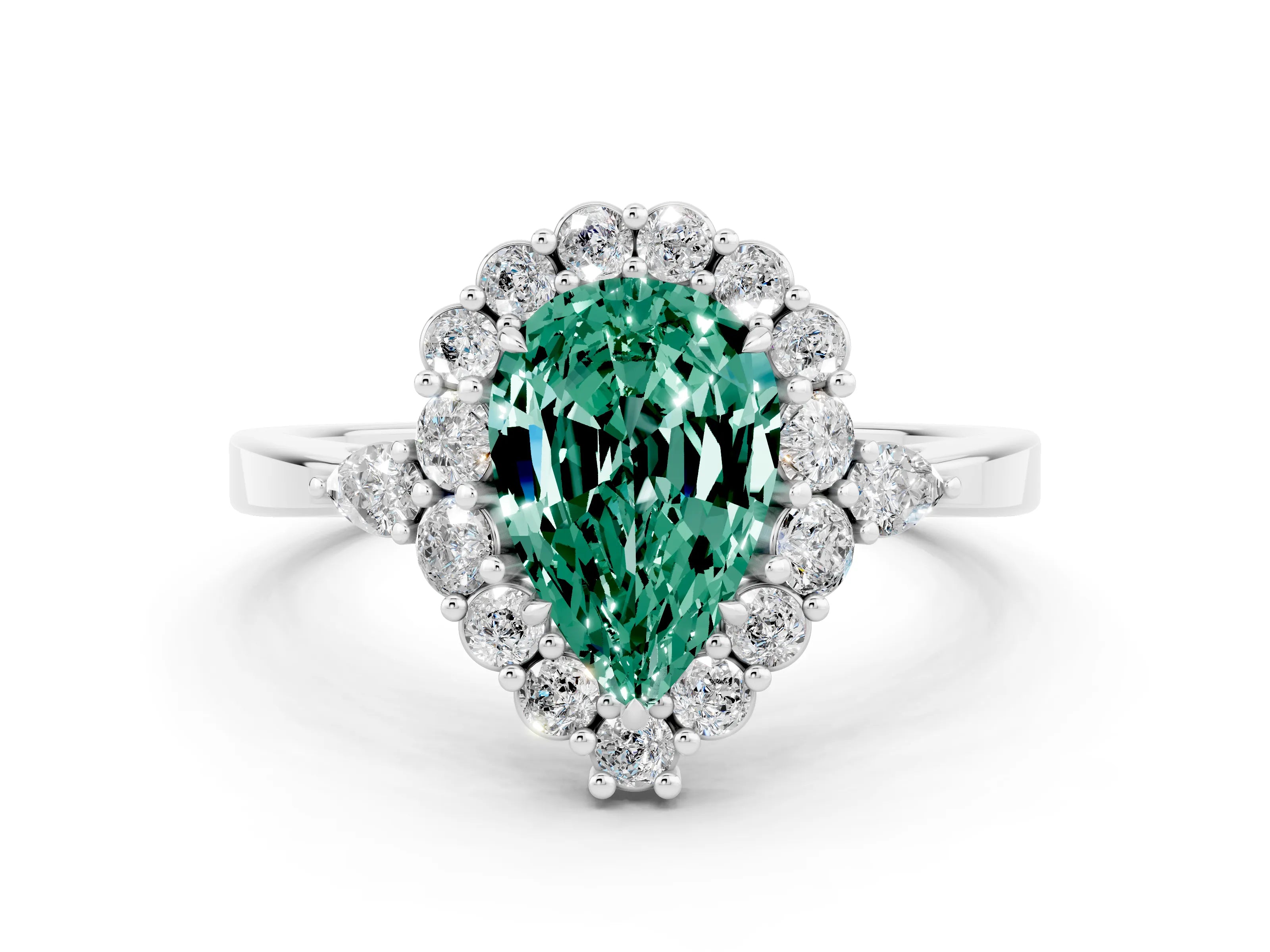 White gold Pear Cut Green Sapphire Halo Ring with Pear Side Stones and Prong Setting_24