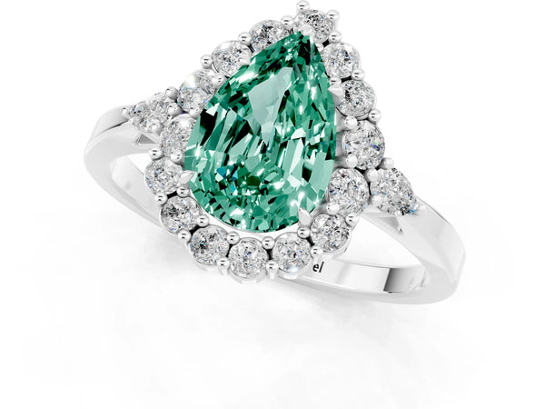 White gold Pear Cut Green Sapphire Halo Ring with Pear Side Stones and Prong Setting