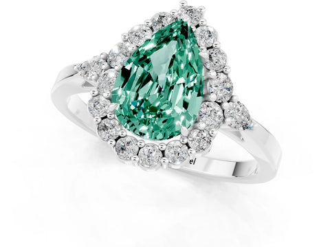 White gold Pear Cut Green Sapphire Halo Ring with Pear Side Stones and Prong Setting_25