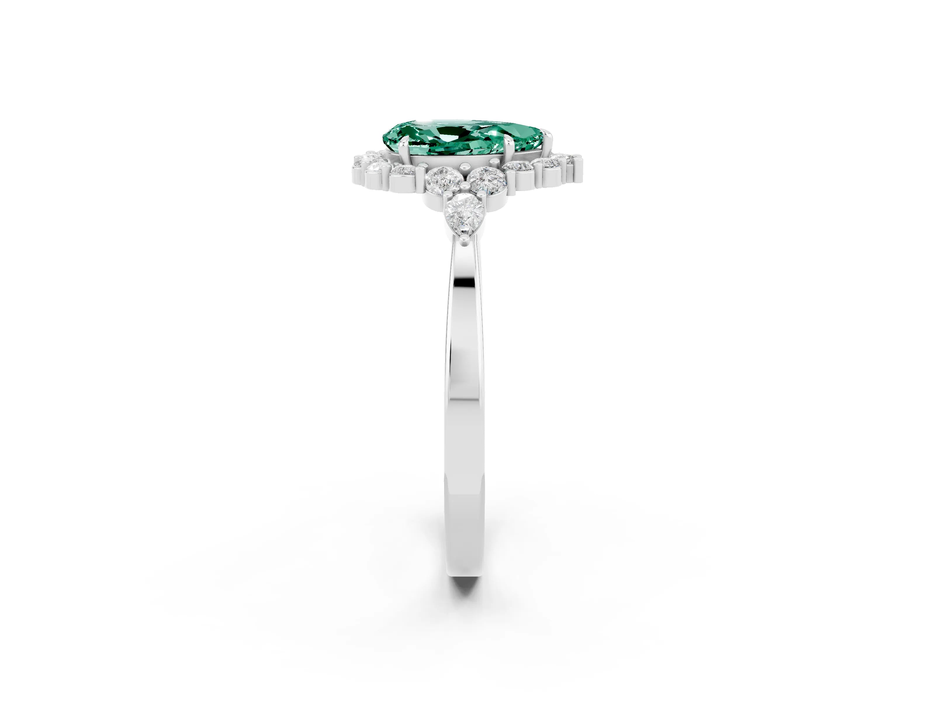 White gold Pear Cut Green Sapphire Halo Ring with Pear Side Stones and Prong Setting_26