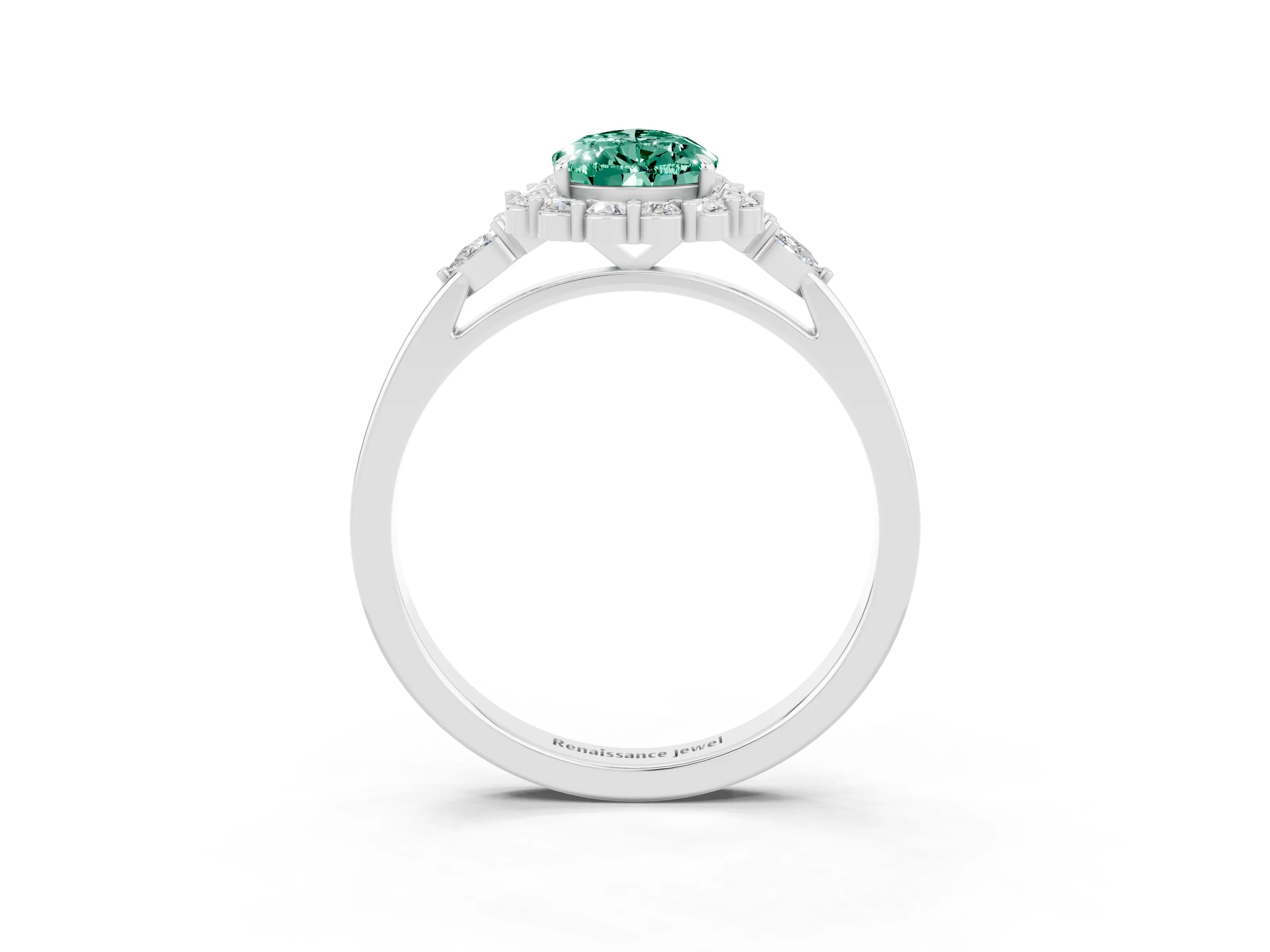 White gold Pear Cut Green Sapphire Halo Ring with Pear Side Stones and Prong Setting_27