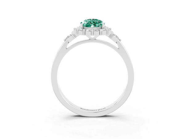 Silver Pear Cut Green Sapphire Halo Ring with Pear Side Stones and Prong Setting