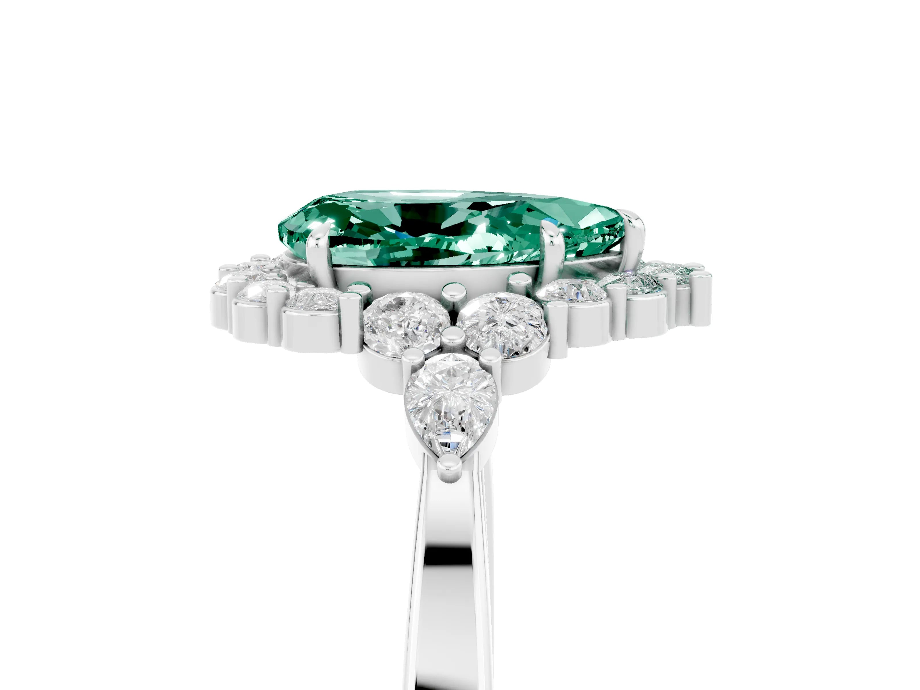 White gold Pear Cut Green Sapphire Halo Ring with Pear Side Stones and Prong Setting_29