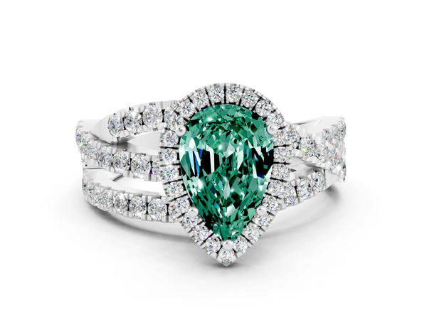 Platinum Pear Cut Green Sapphire Halo Ring with Round Split Shank and Prong Setting