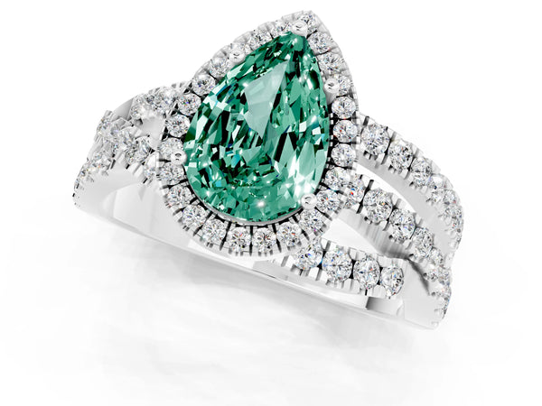 Platinum Pear Cut Green Sapphire Halo Ring with Round Split Shank and Prong Setting