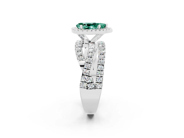 Platinum Pear Cut Green Sapphire Halo Ring with Round Split Shank and Prong Setting