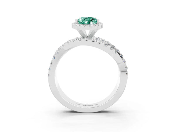 Platinum Pear Cut Green Sapphire Halo Ring with Round Split Shank and Prong Setting