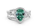 White gold Pear Cut Green Sapphire Halo Ring with Round Split Shank and Prong Setting_61