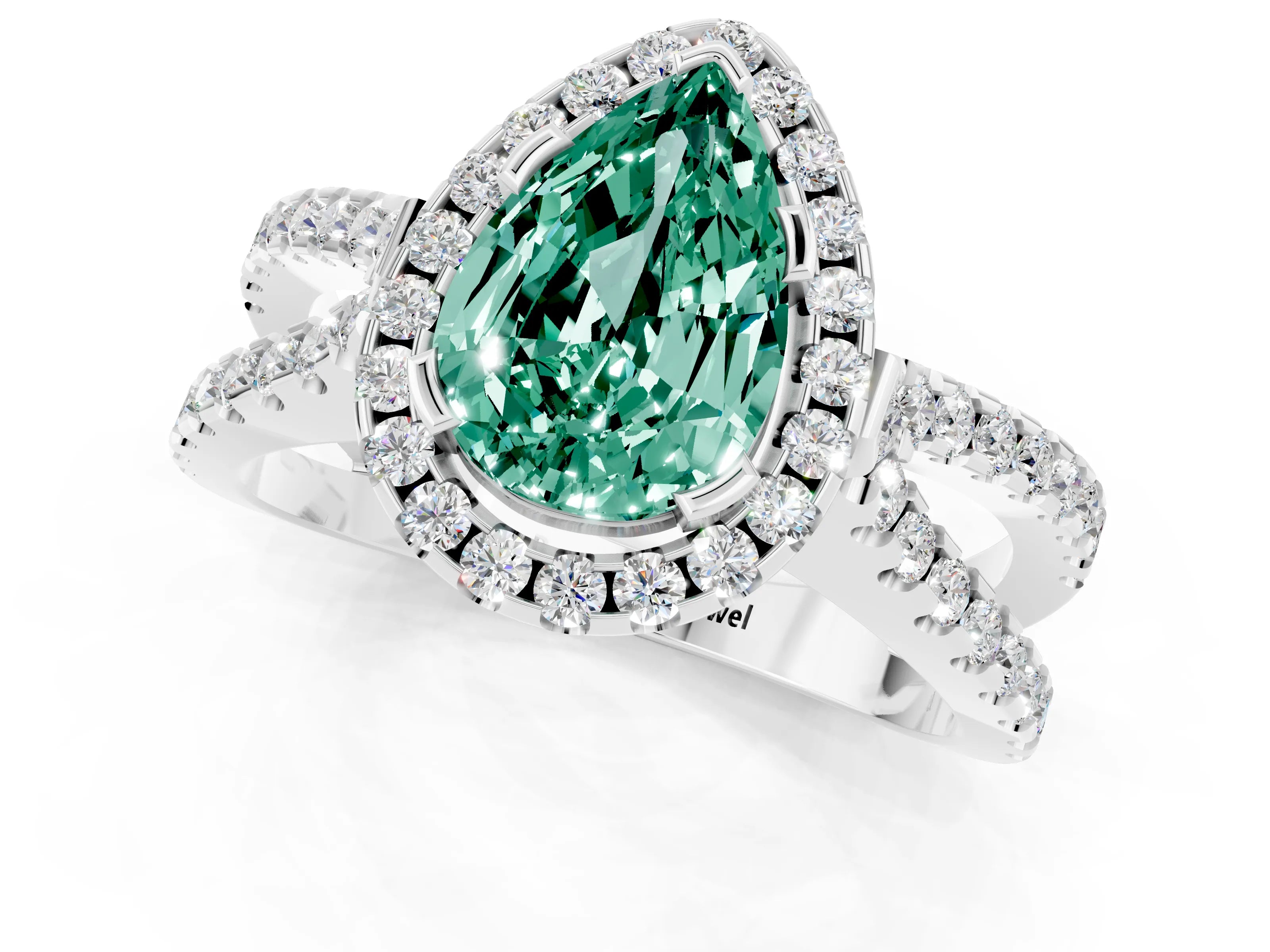 White gold Pear Cut Green Sapphire Halo Ring with Split Shank Pavé Band and Prong Setting_1