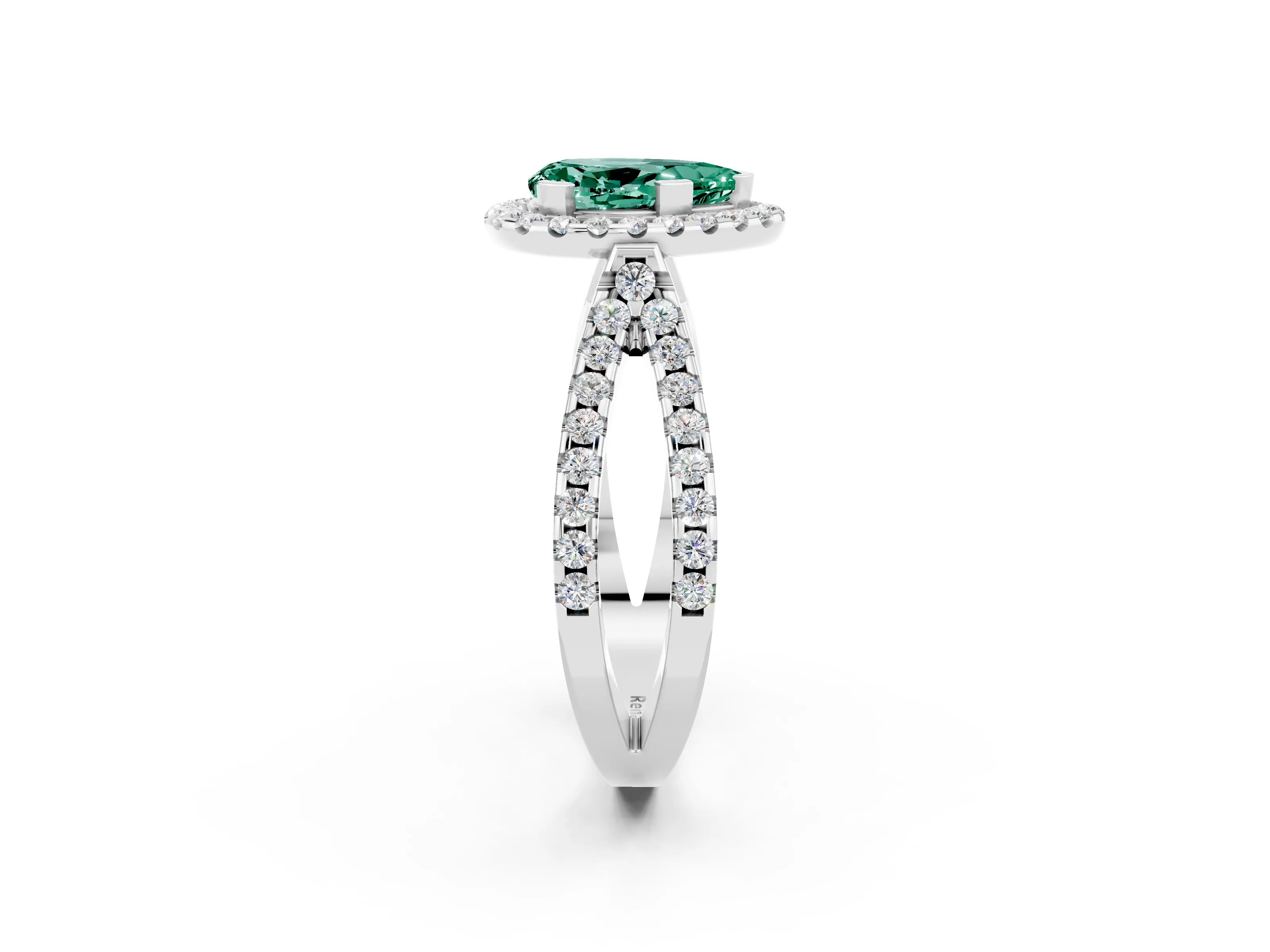 White gold Pear Cut Green Sapphire Halo Ring with Split Shank Pavé Band and Prong Setting_2