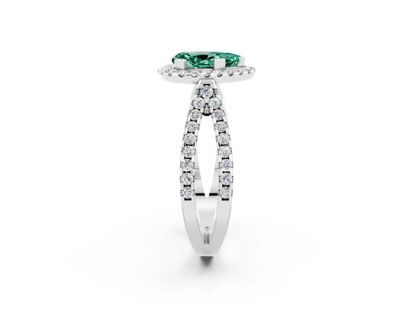 Platinum Pear Cut Green Sapphire Halo Ring with Split Shank Pavé Band and Prong Setting