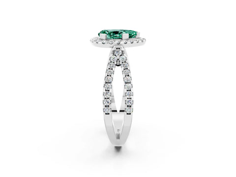 White gold Pear Cut Green Sapphire Halo Ring with Split Shank Pavé Band and Prong Setting_2