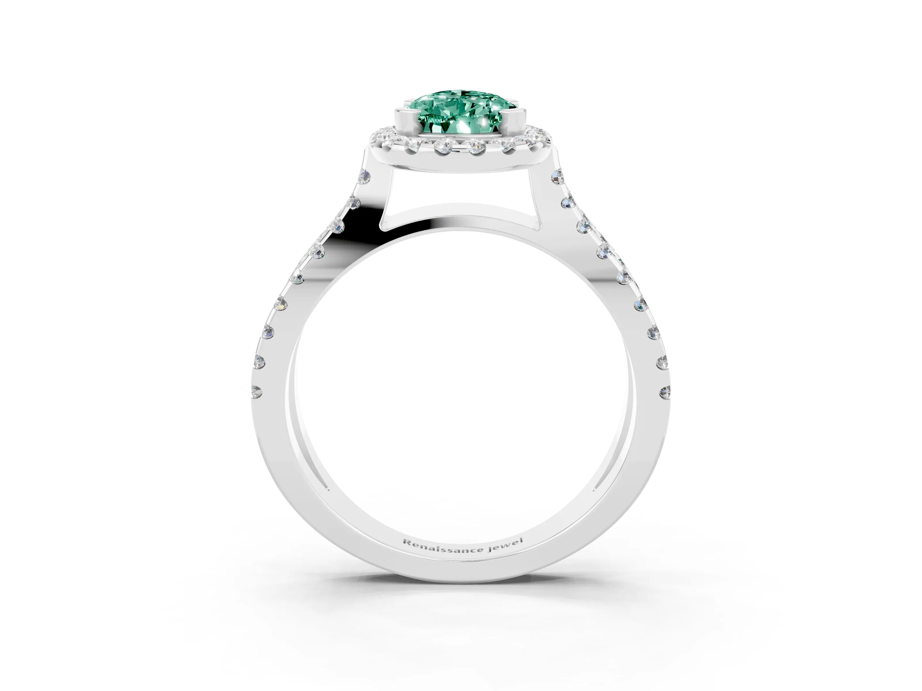 White gold Pear Cut Green Sapphire Halo Ring with Split Shank Pavé Band and Prong Setting_3