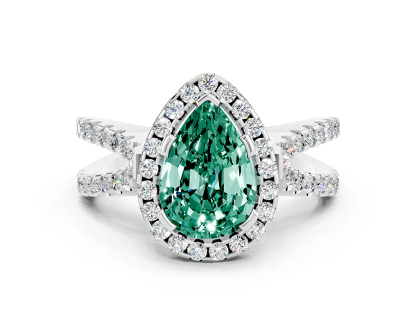 Silver Pear Cut Green Sapphire Halo Ring with Split Shank Pavé Band and Prong Setting
