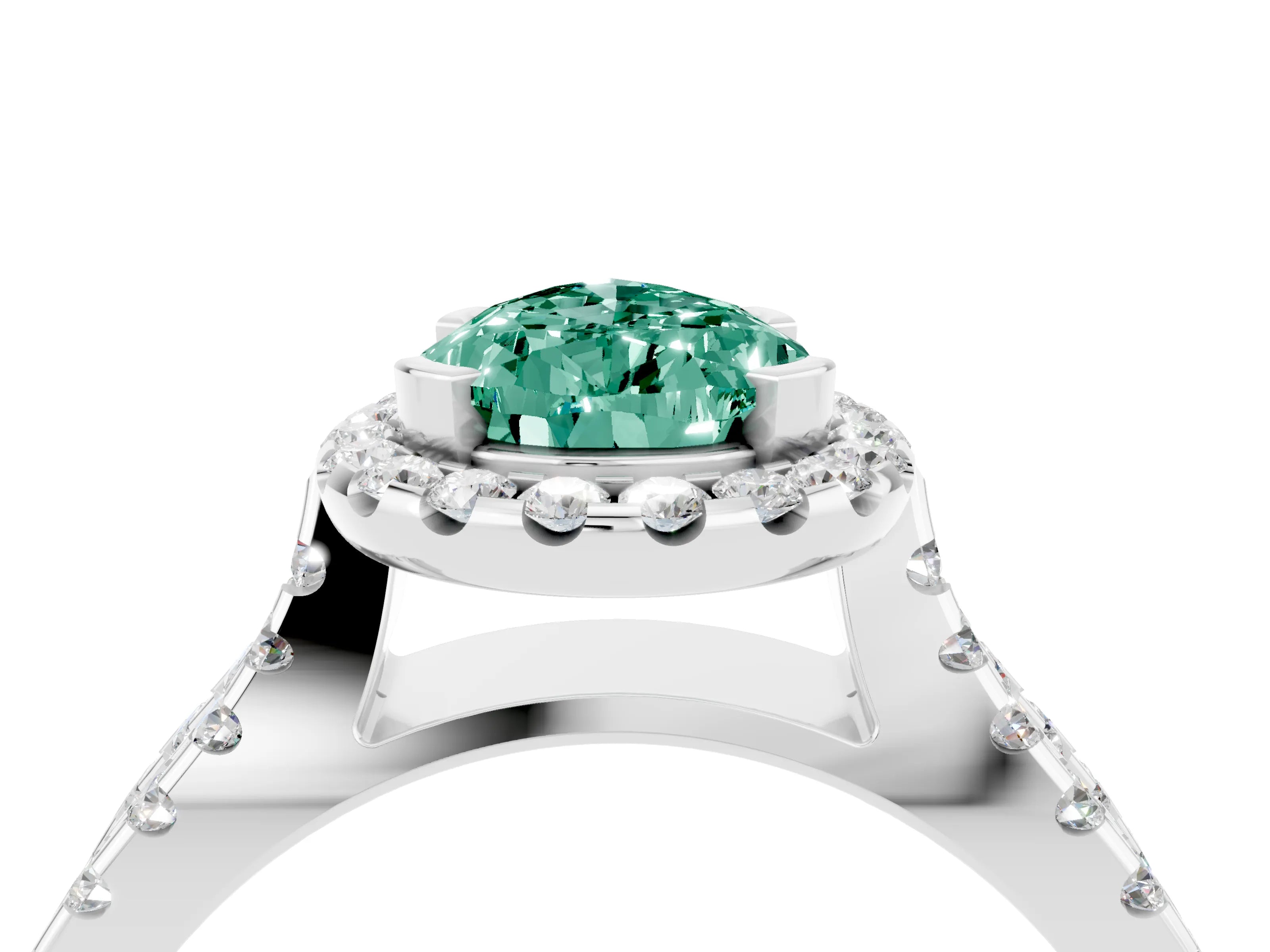 White gold Pear Cut Green Sapphire Halo Ring with Split Shank Pavé Band and Prong Setting_4