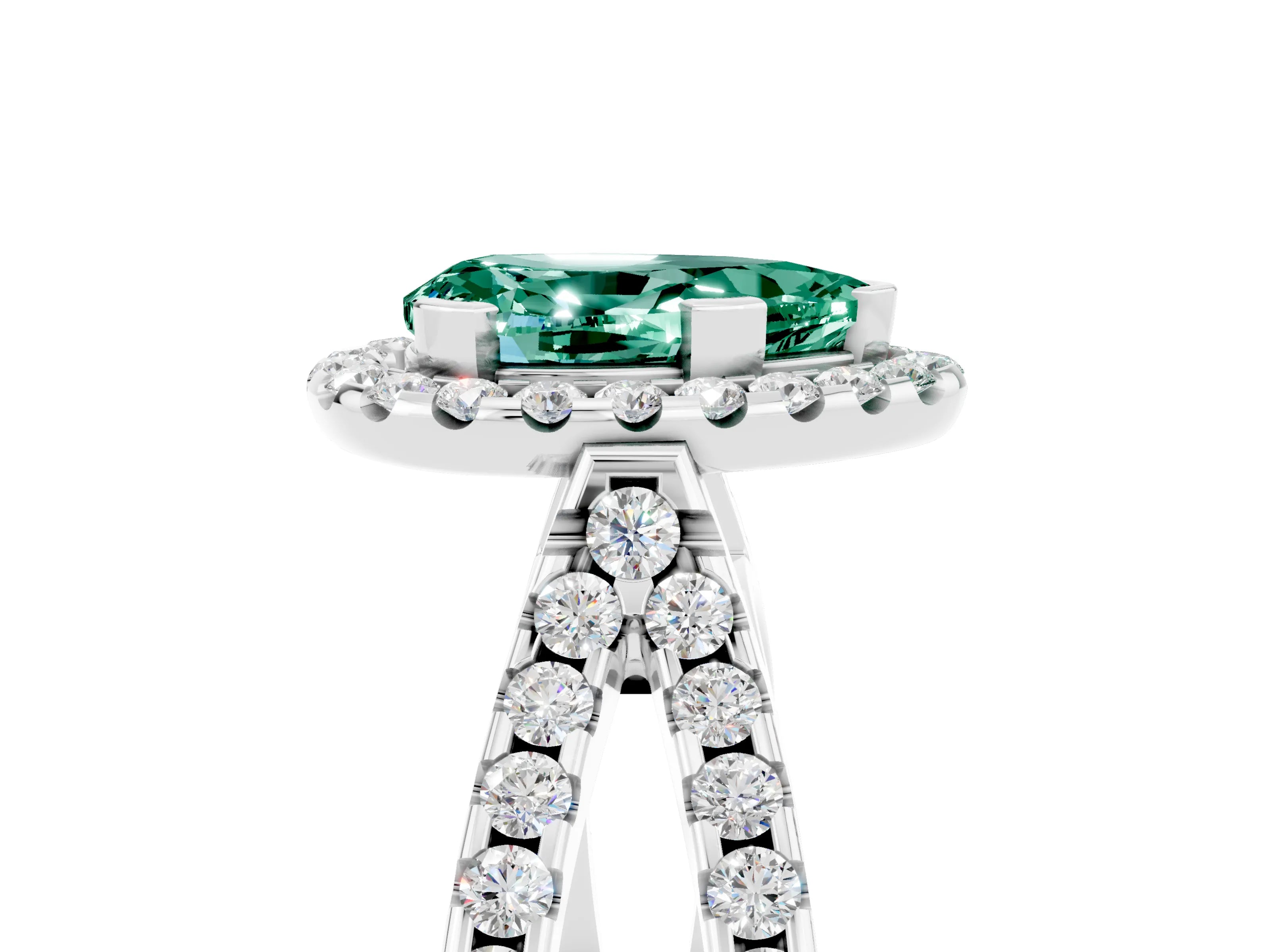 White gold Pear Cut Green Sapphire Halo Ring with Split Shank Pavé Band and Prong Setting_5