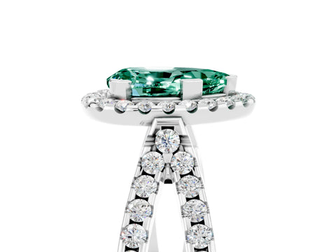 White gold Pear Cut Green Sapphire Halo Ring with Split Shank Pavé Band and Prong Setting_5