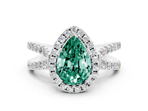 White gold Pear Cut Green Sapphire Halo Ring with Split Shank Pavé Band and Prong Setting