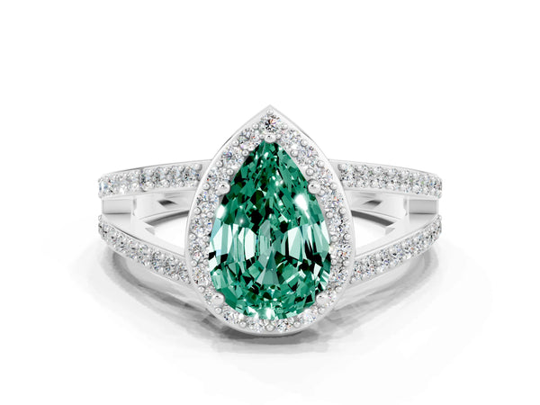 Platinum Pear Cut Green Sapphire Halo Ring with Split Shank U-Prong Band and Four-Prong Setting