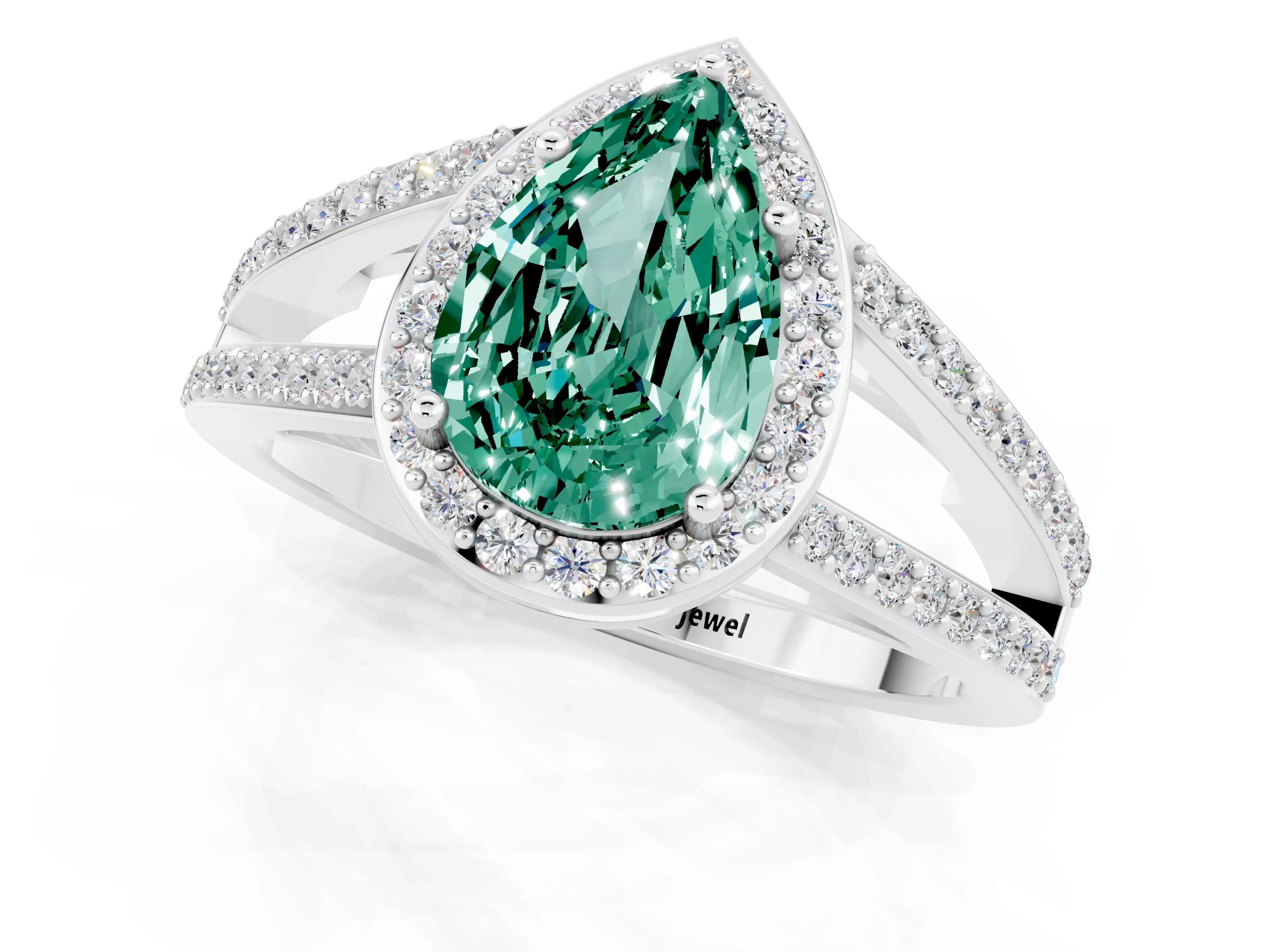 White gold Pear Cut Green Sapphire Halo Ring with Split Shank U-Prong Band and Four-Prong Setting_1