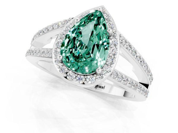 Platinum Pear Cut Green Sapphire Halo Ring with Split Shank U-Prong Band and Four-Prong Setting