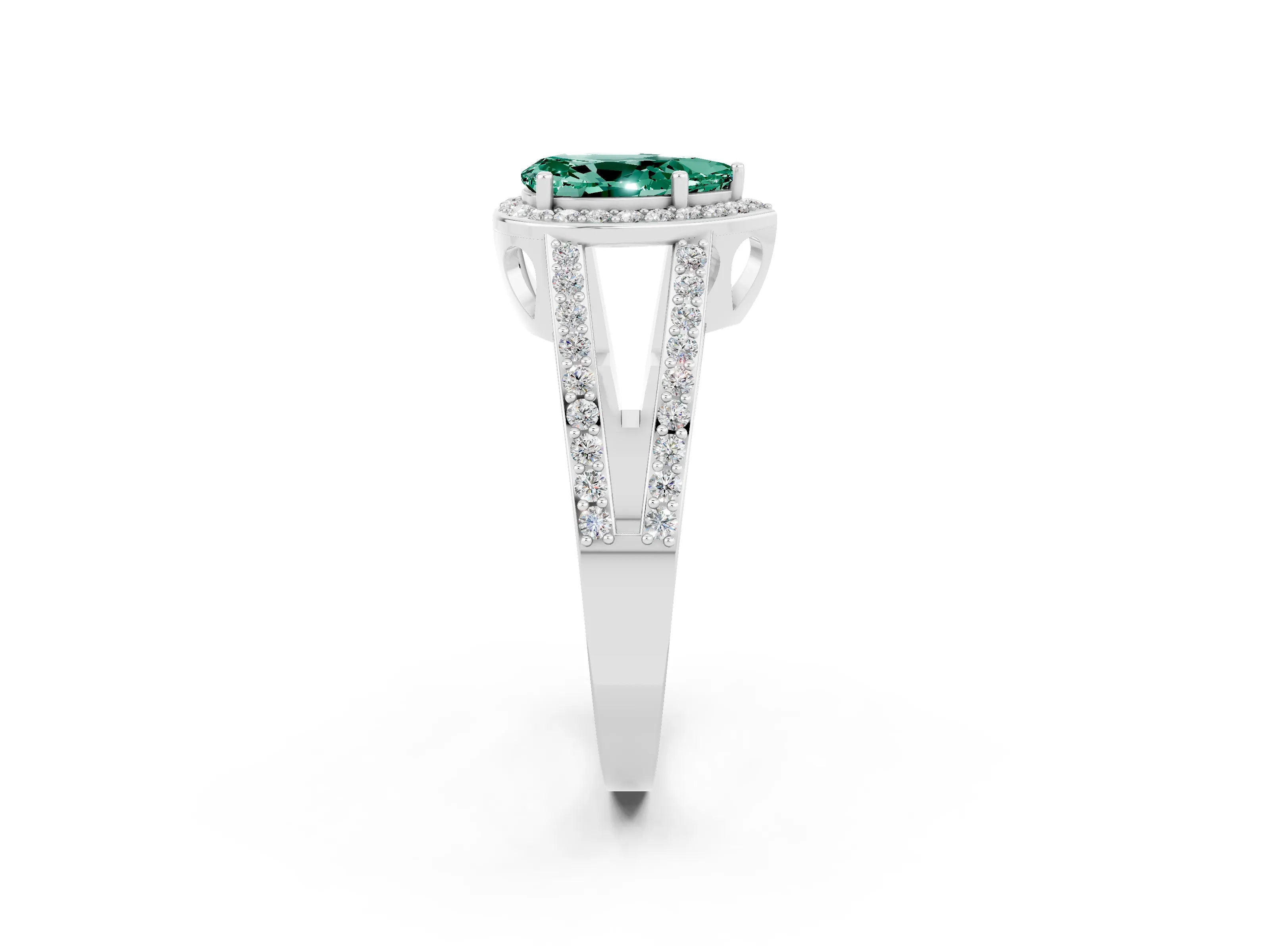 White gold Pear Cut Green Sapphire Halo Ring with Split Shank U-Prong Band and Four-Prong Setting_2