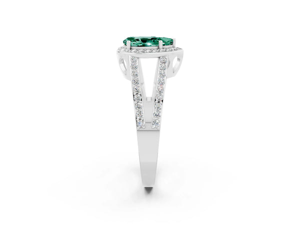 Silver Pear Cut Green Sapphire Halo Ring with Split Shank U-Prong Band and Four-Prong Setting