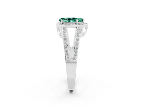 White gold Pear Cut Green Sapphire Halo Ring with Split Shank U-Prong Band and Four-Prong Setting_2