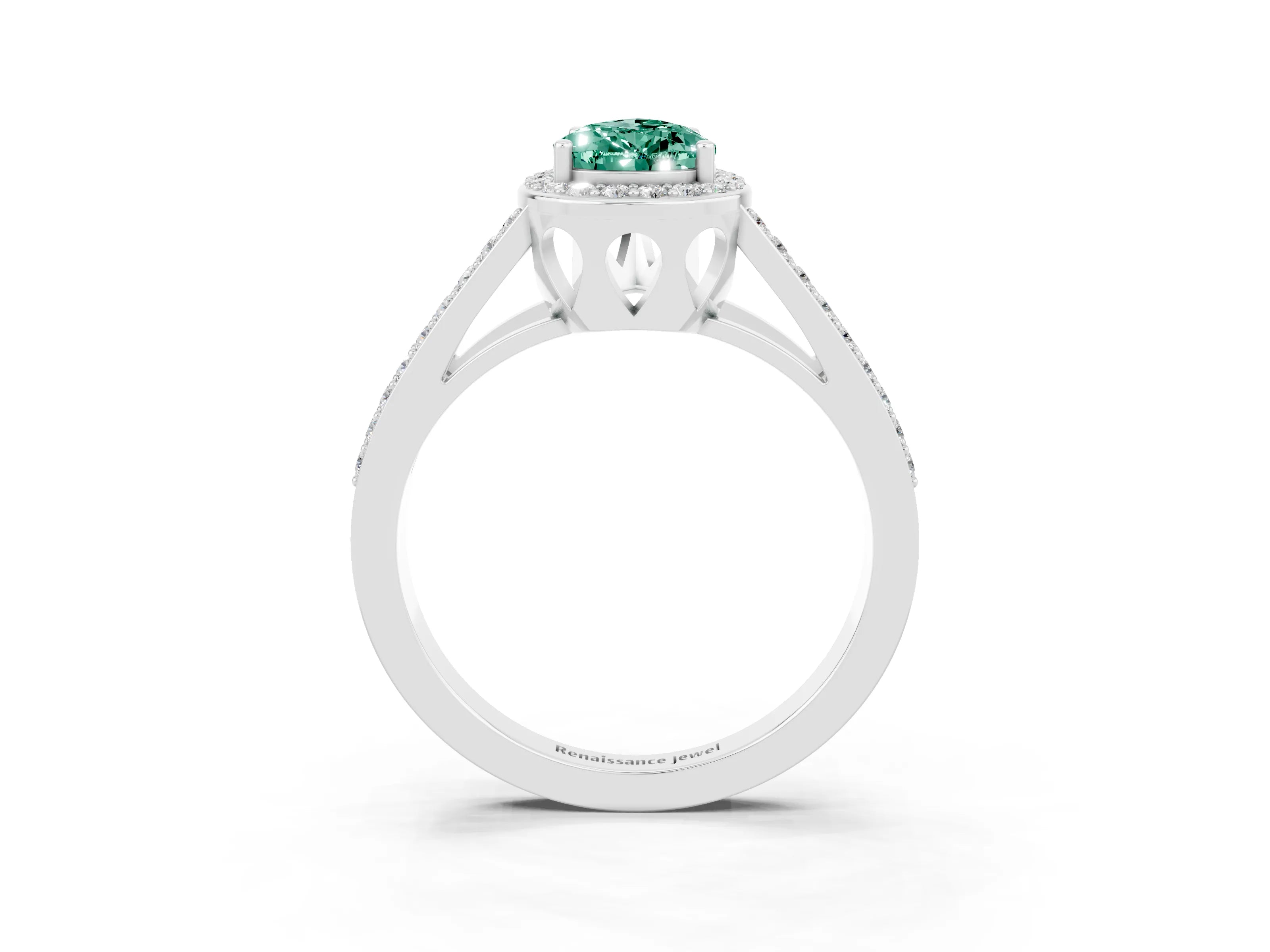 White gold Pear Cut Green Sapphire Halo Ring with Split Shank U-Prong Band and Four-Prong Setting_3