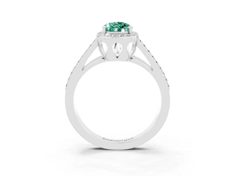 White gold Pear Cut Green Sapphire Halo Ring with Split Shank U-Prong Band and Four-Prong Setting_3