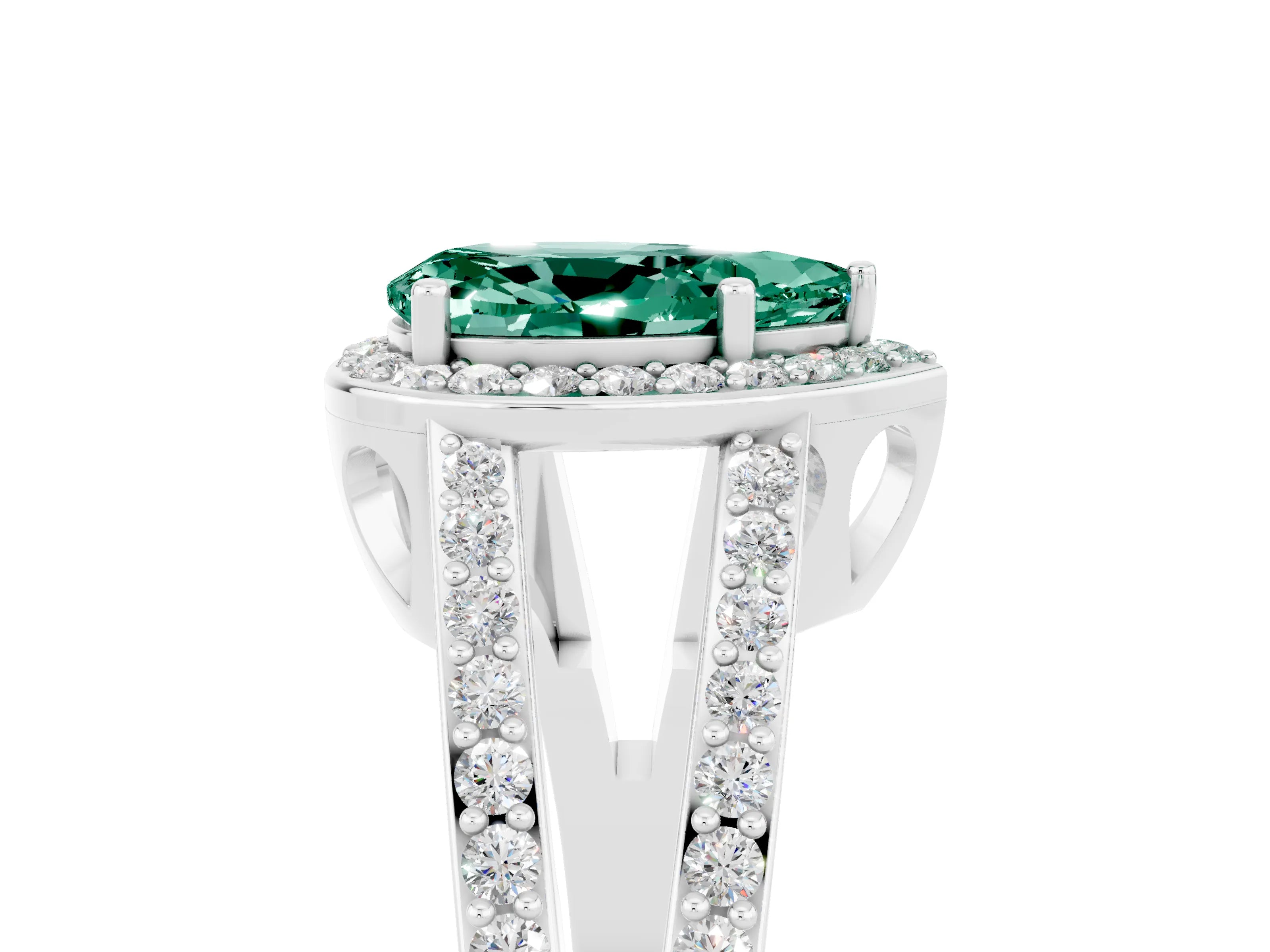 White gold Pear Cut Green Sapphire Halo Ring with Split Shank U-Prong Band and Four-Prong Setting_5
