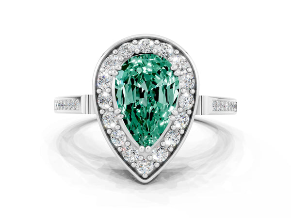 Platinum Pear Cut Green Sapphire Halo Ring with Split Shank and Four-Prong Setting