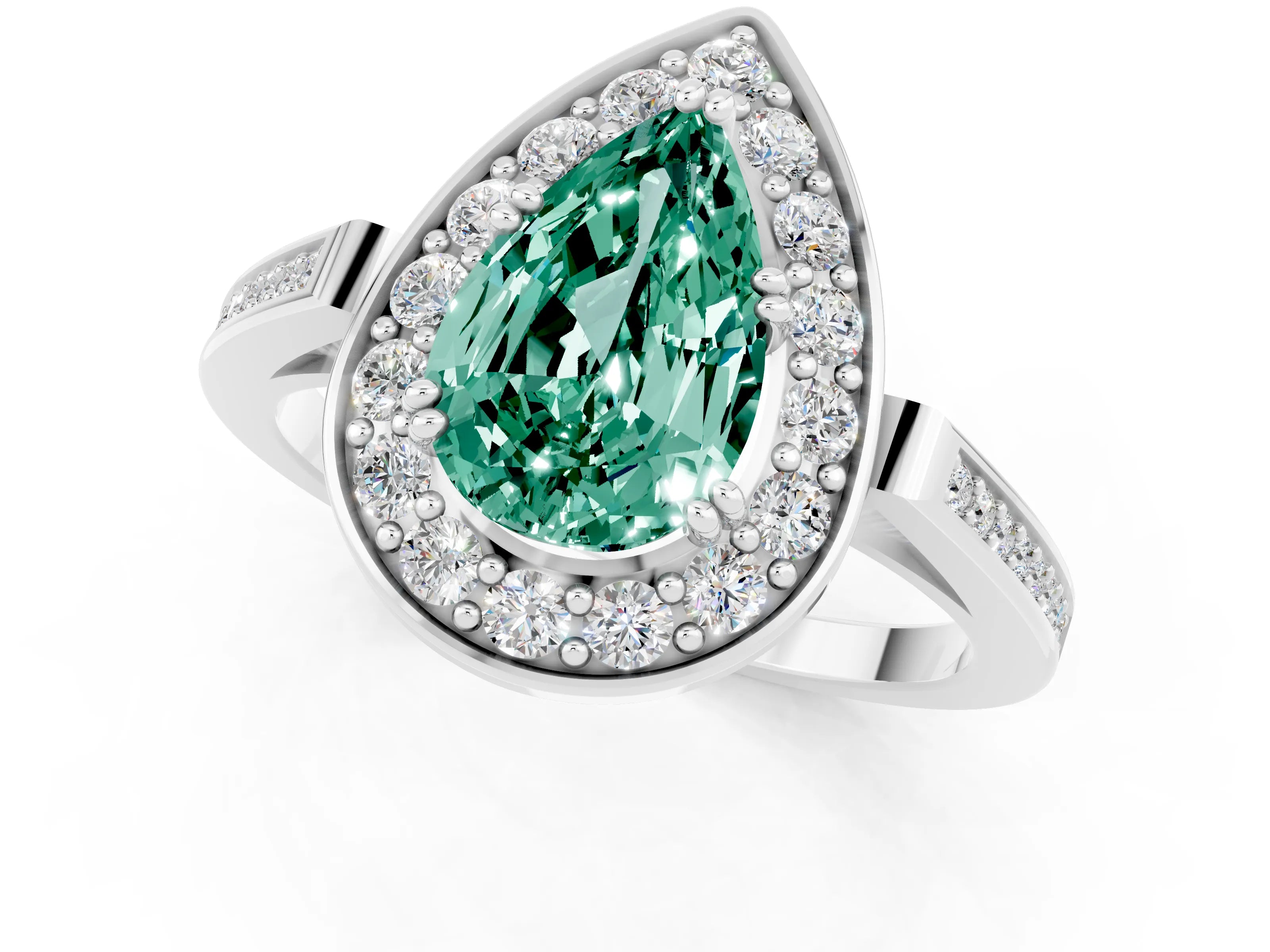 White gold Pear Cut Green Sapphire Halo Ring with Split Shank and Four-Prong Setting_1