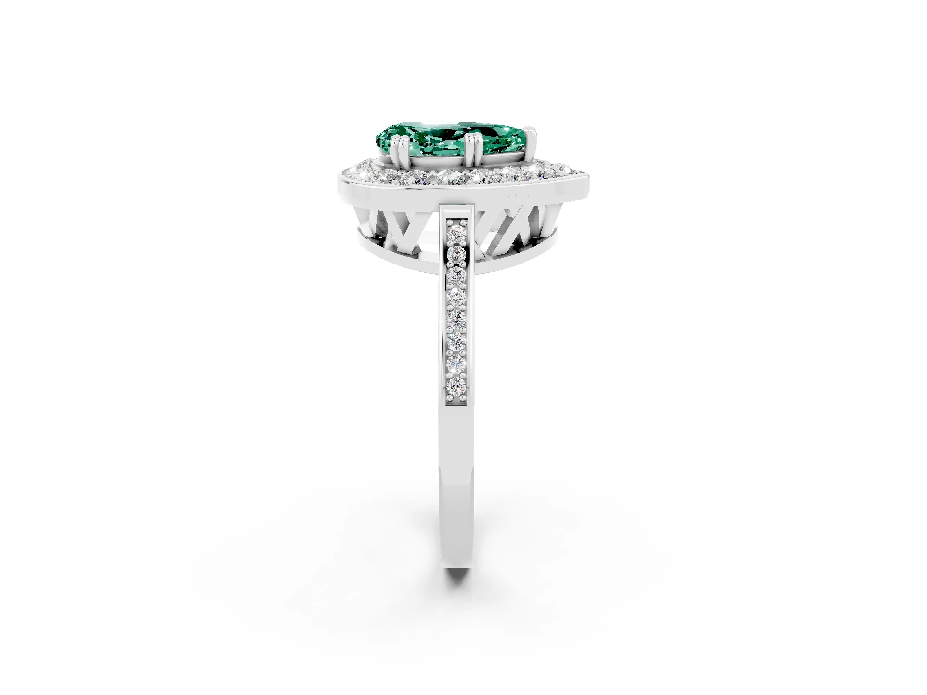 White gold Pear Cut Green Sapphire Halo Ring with Split Shank and Four-Prong Setting_14
