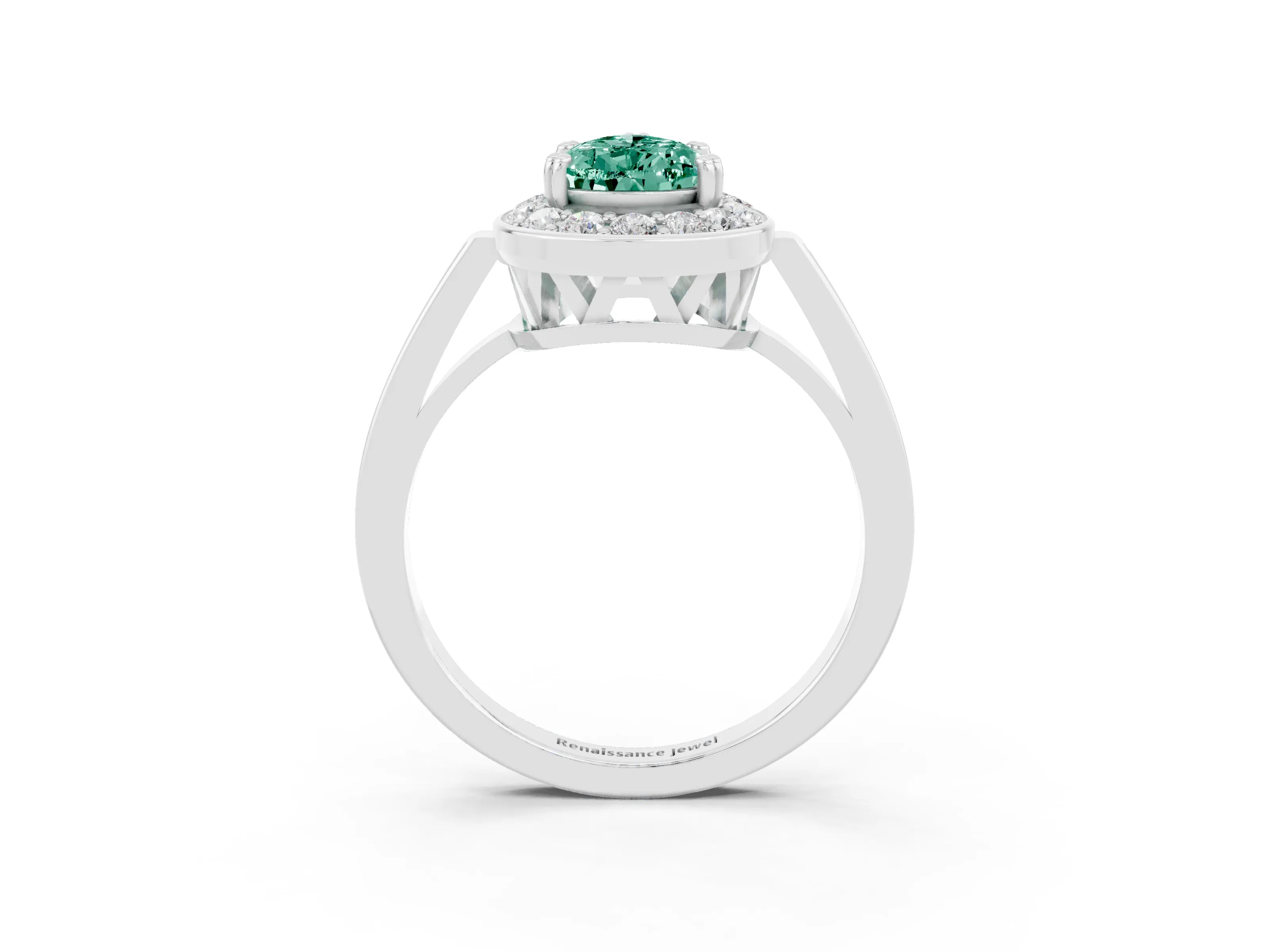 White gold Pear Cut Green Sapphire Halo Ring with Split Shank and Four-Prong Setting_15