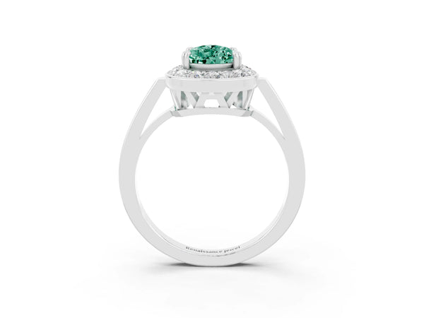 White gold Pear Cut Green Sapphire Halo Ring with Split Shank and Four-Prong Setting