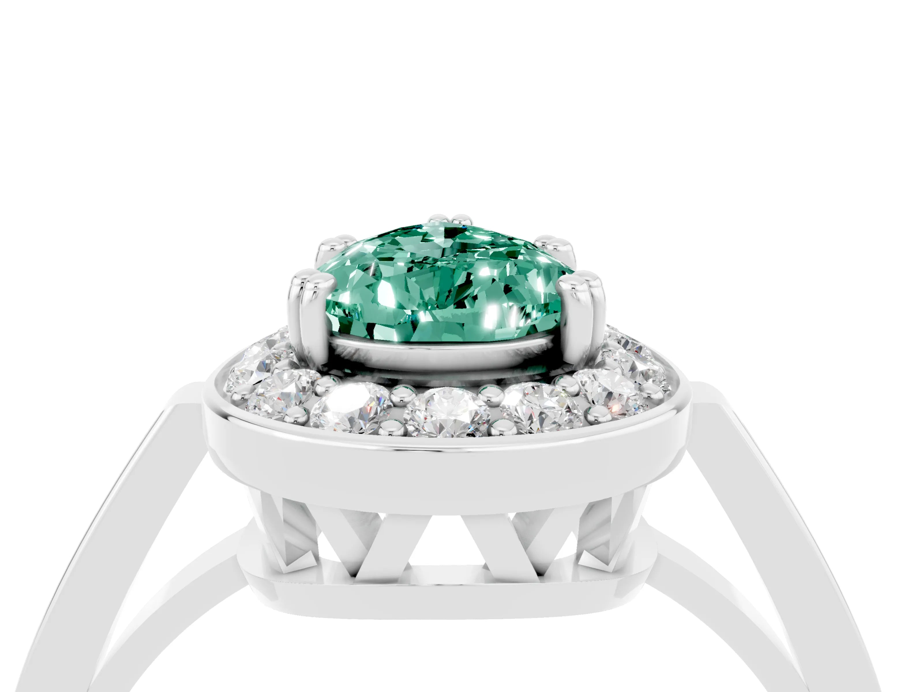 White gold Pear Cut Green Sapphire Halo Ring with Split Shank and Four-Prong Setting_16