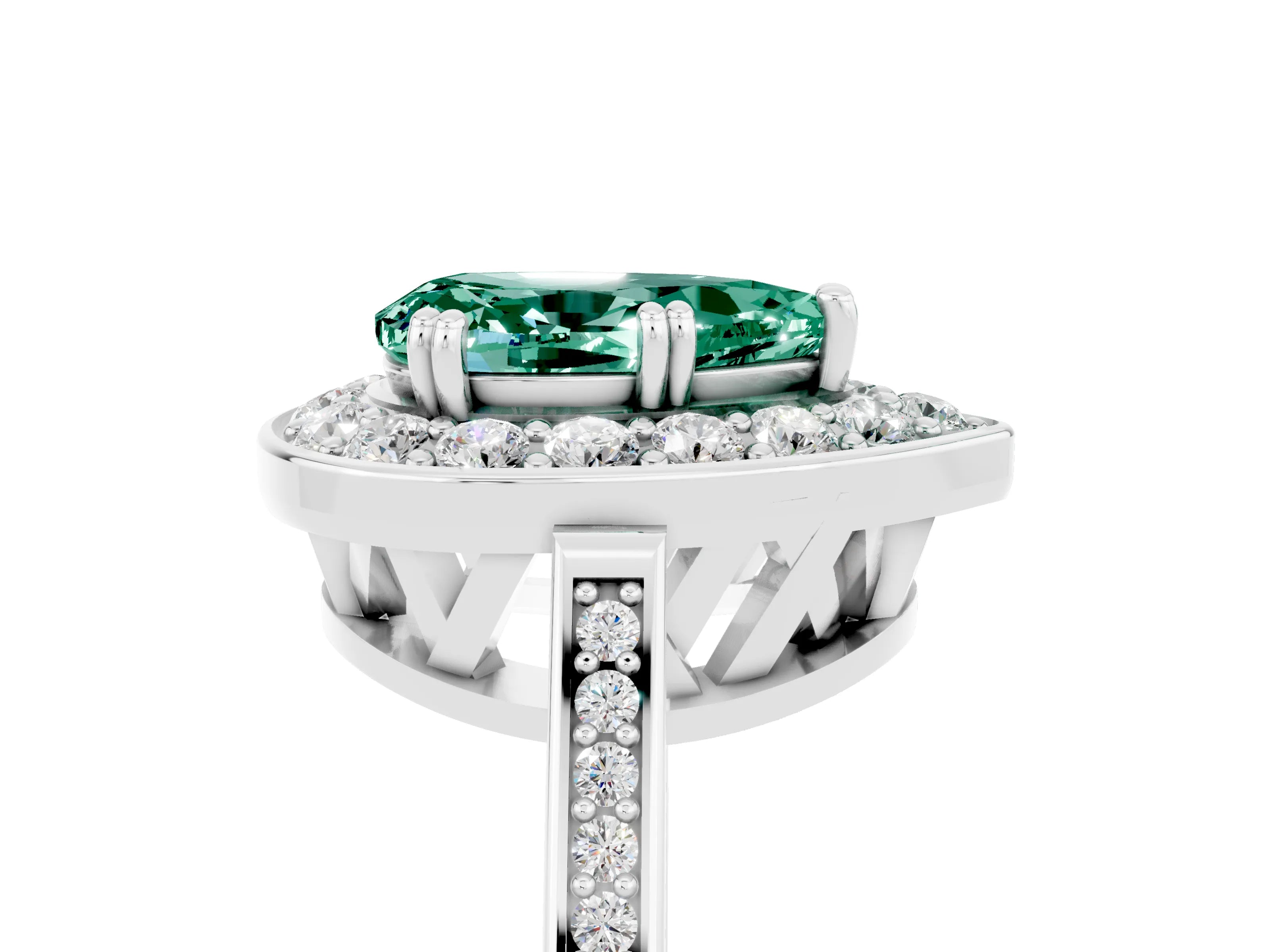 White gold Pear Cut Green Sapphire Halo Ring with Split Shank and Four-Prong Setting_17