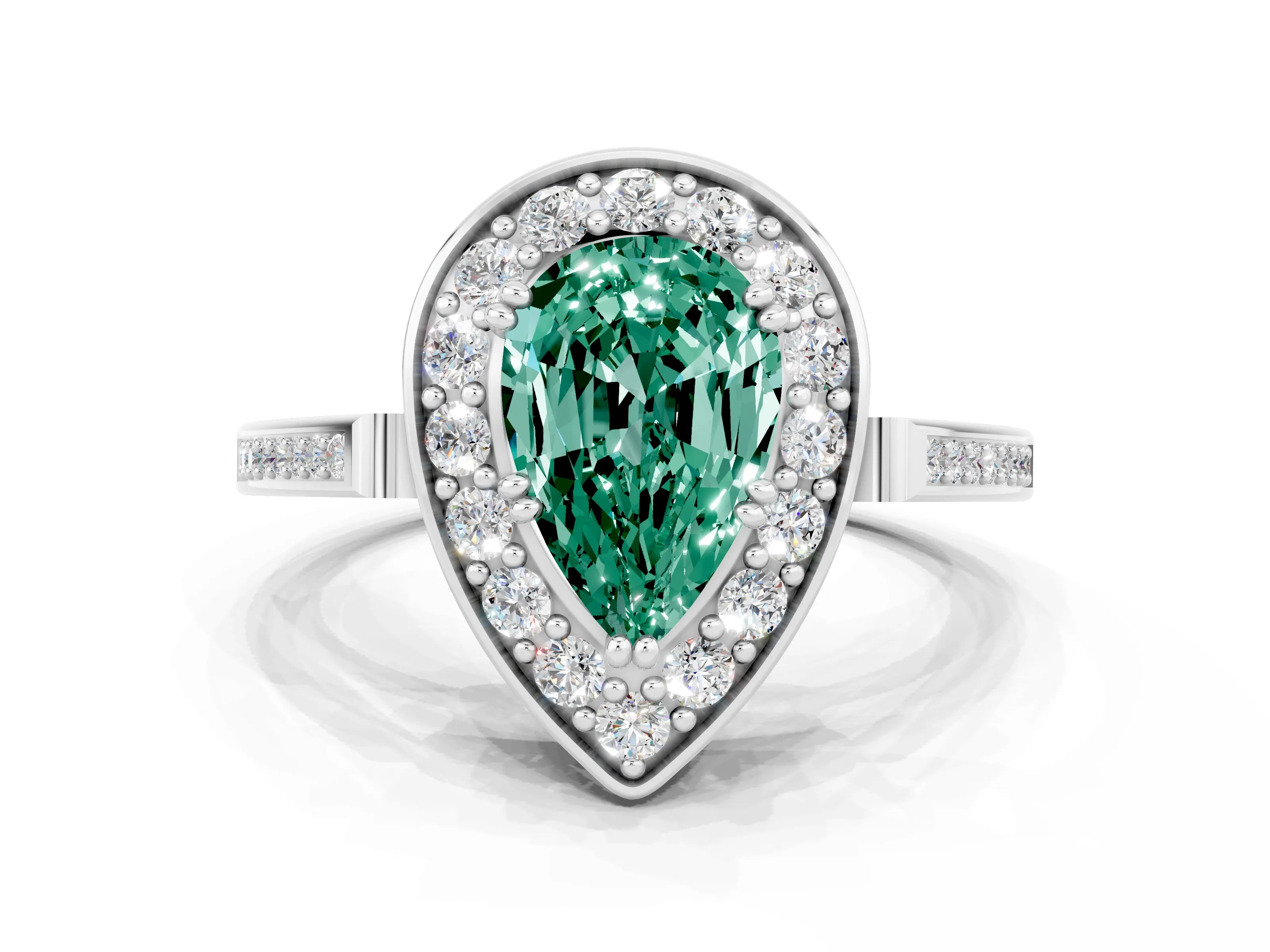 White gold Pear Cut Green Sapphire Halo Ring with Split Shank and Four-Prong Setting