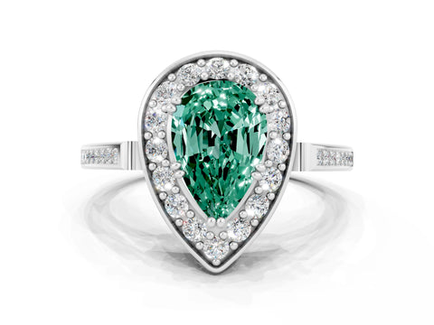 White gold Pear Cut Green Sapphire Halo Ring with Split Shank and Four-Prong Setting