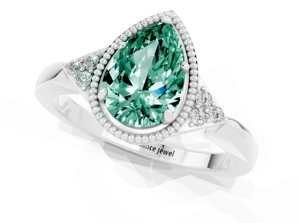 Platinum Pear Cut Green Sapphire Halo Ring with Tapered Band and Four-Prong Setting