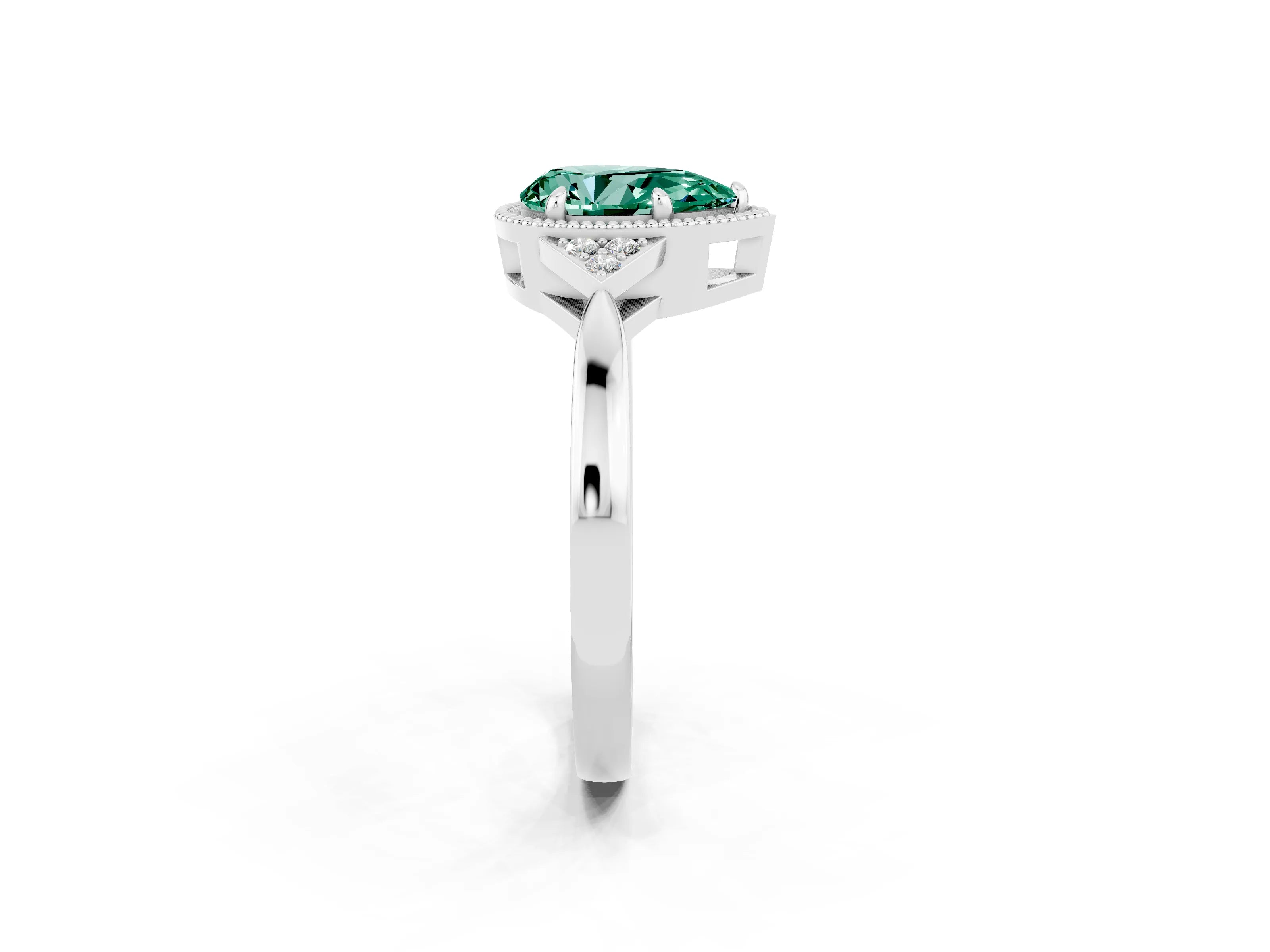 White gold Pear Cut Green Sapphire Halo Ring with Tapered Band and Four-Prong Setting_2