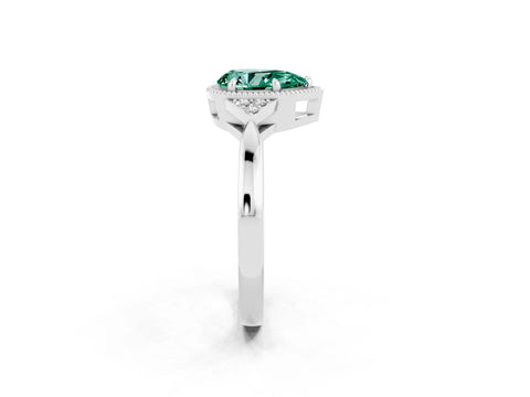 White gold Pear Cut Green Sapphire Halo Ring with Tapered Band and Four-Prong Setting_2
