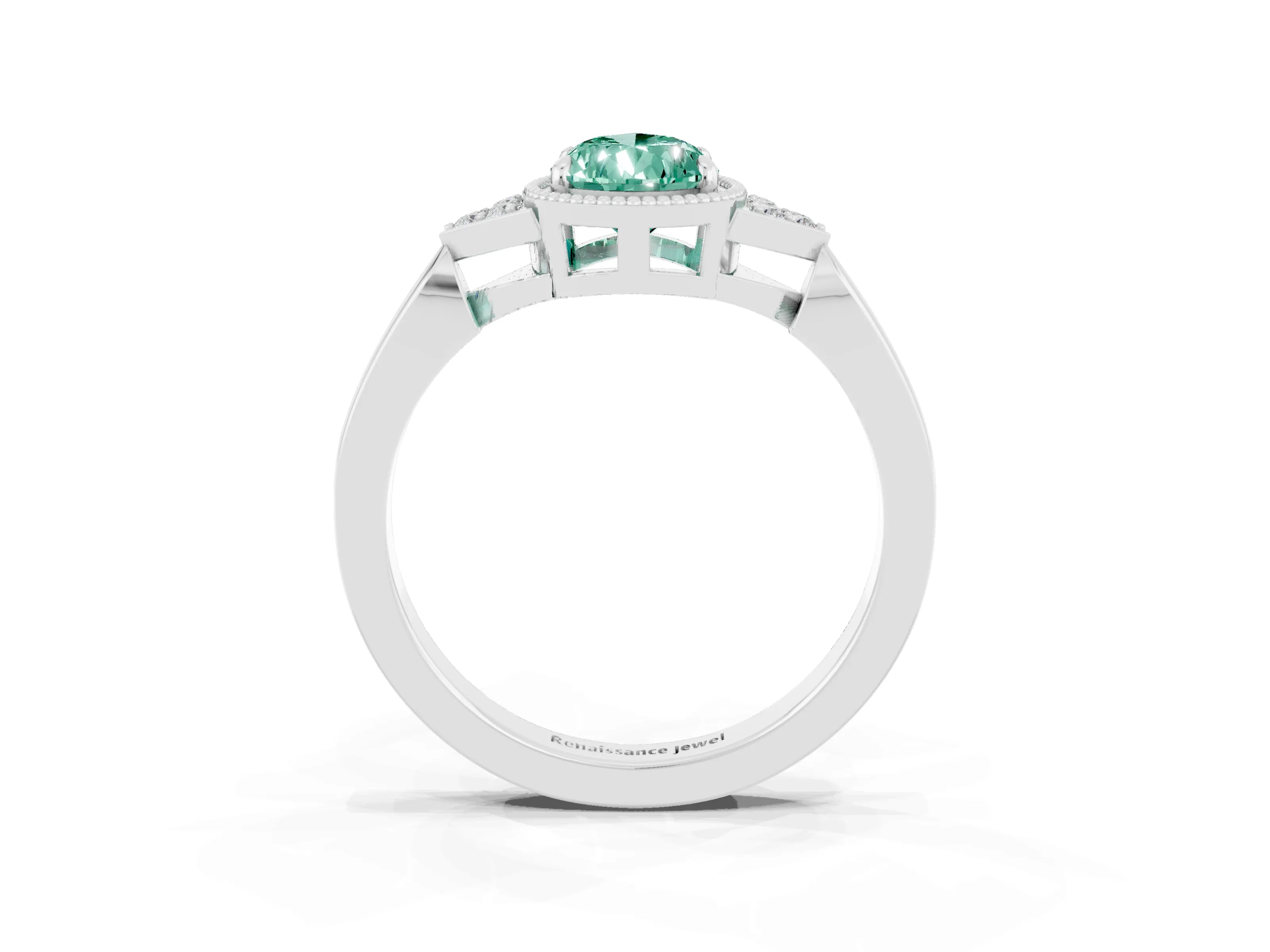 White gold Pear Cut Green Sapphire Halo Ring with Tapered Band and Four-Prong Setting_3