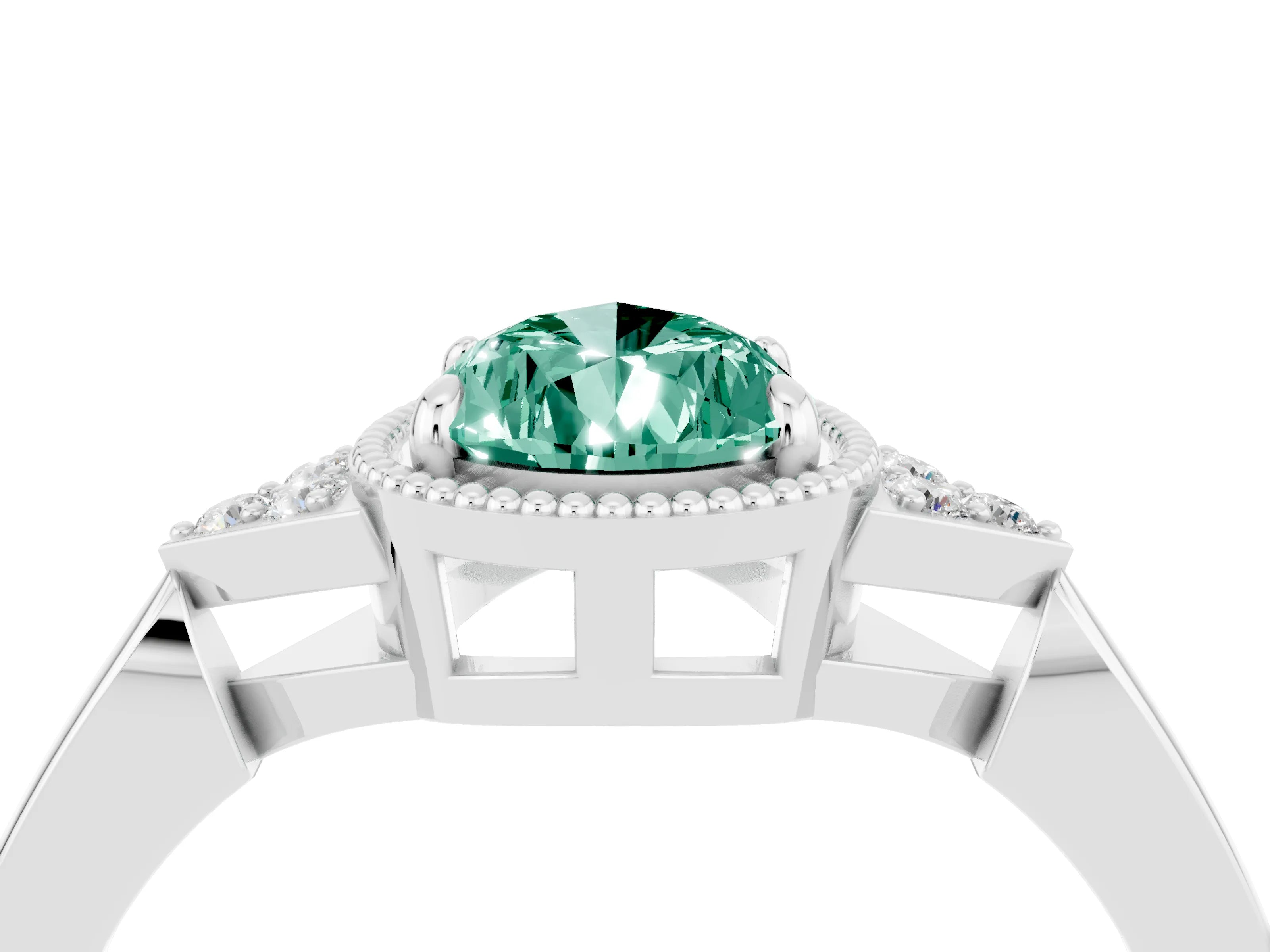 White gold Pear Cut Green Sapphire Halo Ring with Tapered Band and Four-Prong Setting_4