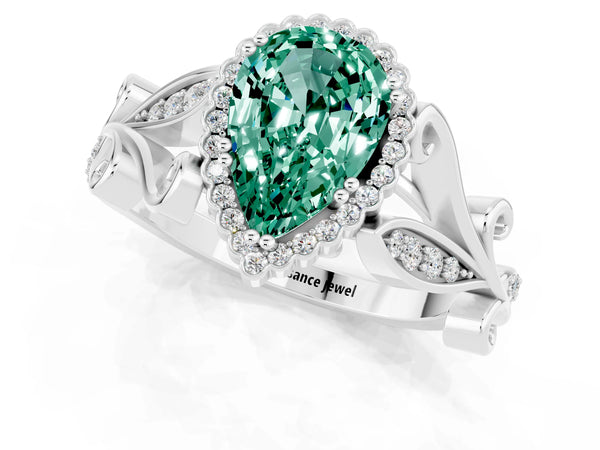 Platinum Pear Cut Green Sapphire Halo Ring with Vintage Split Shank and Four-Prong Setting