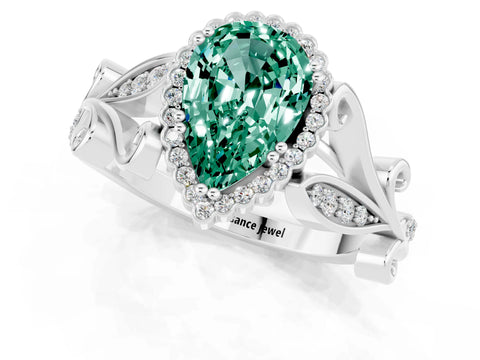 White gold Pear Cut Green Sapphire Halo Ring with Vintage Split Shank and Four-Prong Setting_1